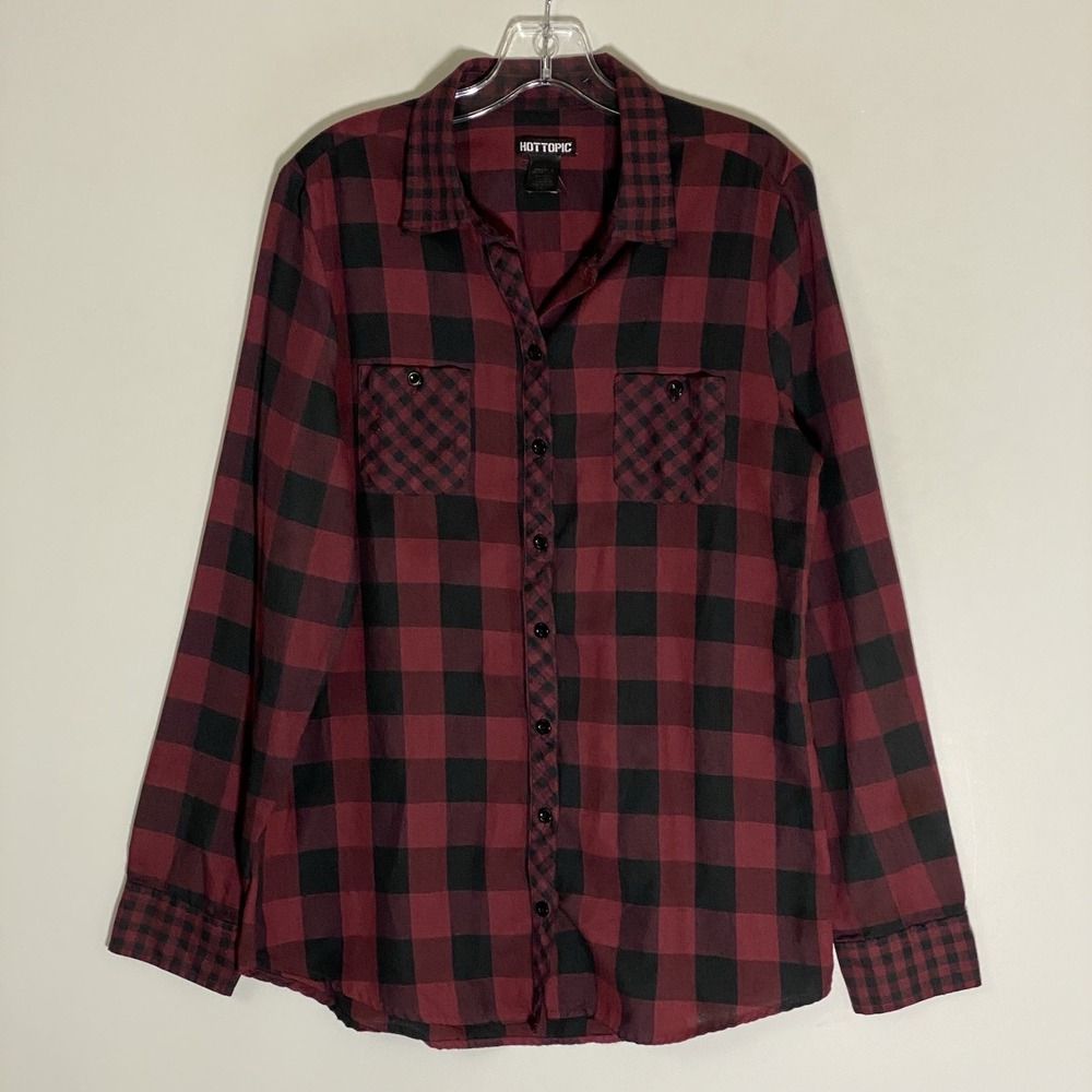 Hot Topic Shirt Womens Large Red Black Plaid Top Skull Bones Gothic Punk Grunge